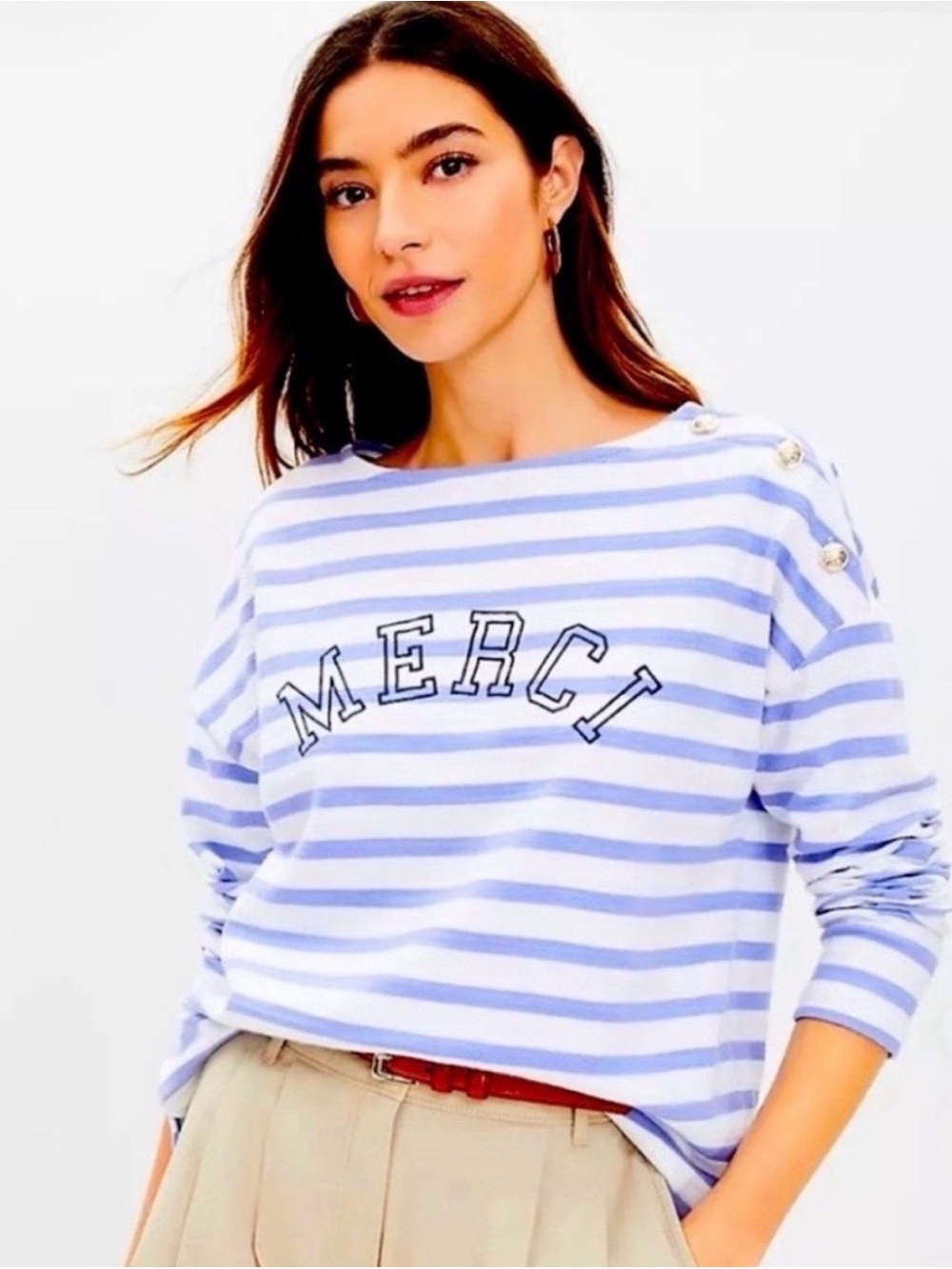LOFT Harbor graphic Merci nautical stripe long sleeve top size Small